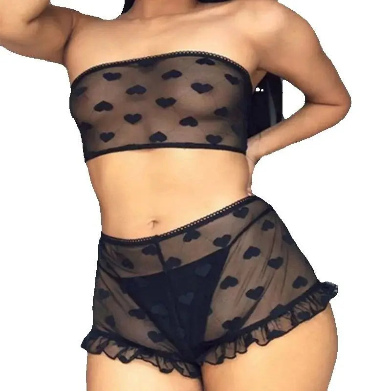 2 Piece Heart Printed Mesh Lingerie Set