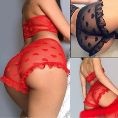2 Piece Heart Printed Mesh Lingerie Set