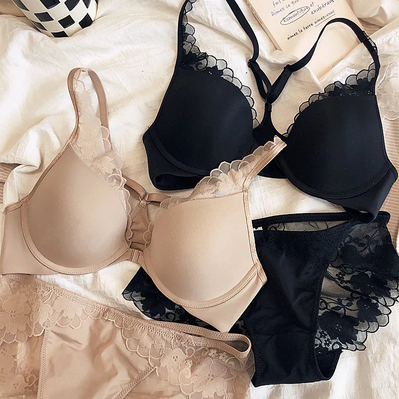 2 Pieces French Sexy Bralette Lace Flowers Women Front Closure Push Up Bra Set