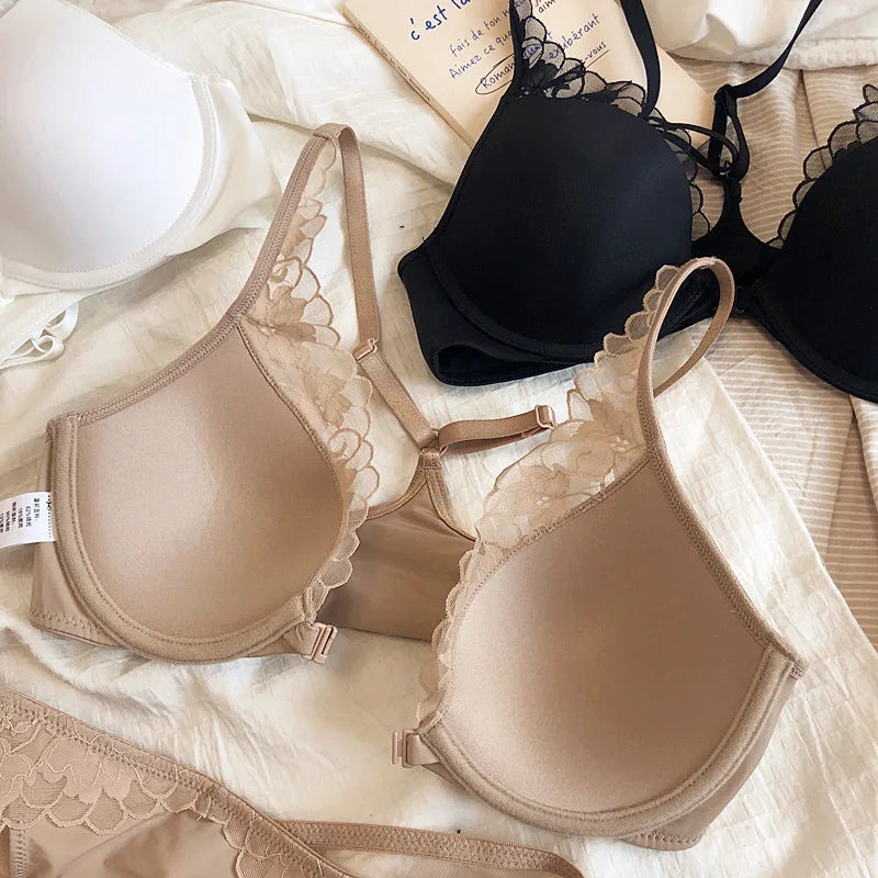2 Pieces French Sexy Bralette Lace Flowers Women Front Closure Push Up Bra Set
