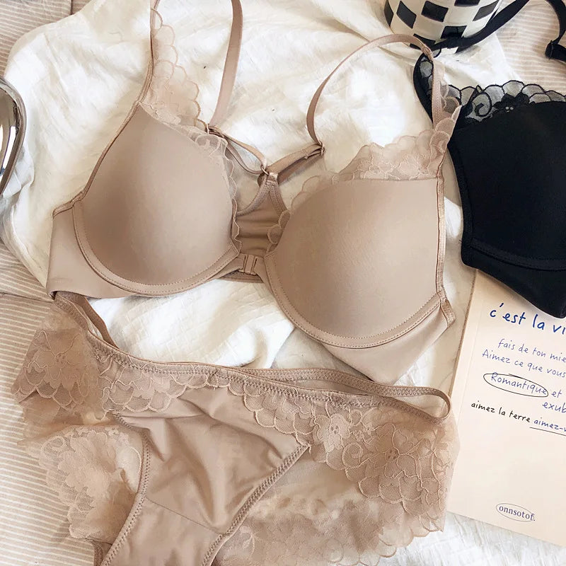 2 Pieces French Sexy Bralette Lace Flowers Women Front Closure Push Up Bra Set
