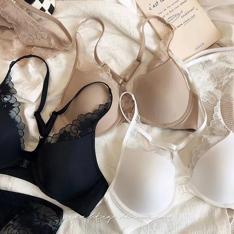 2 Pieces French Sexy Bralette Lace Flowers Women Front Closure Push Up Bra Set