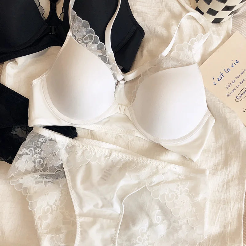 2 Pieces French Sexy Bralette Lace Flowers Women Front Closure Push Up Bra Set