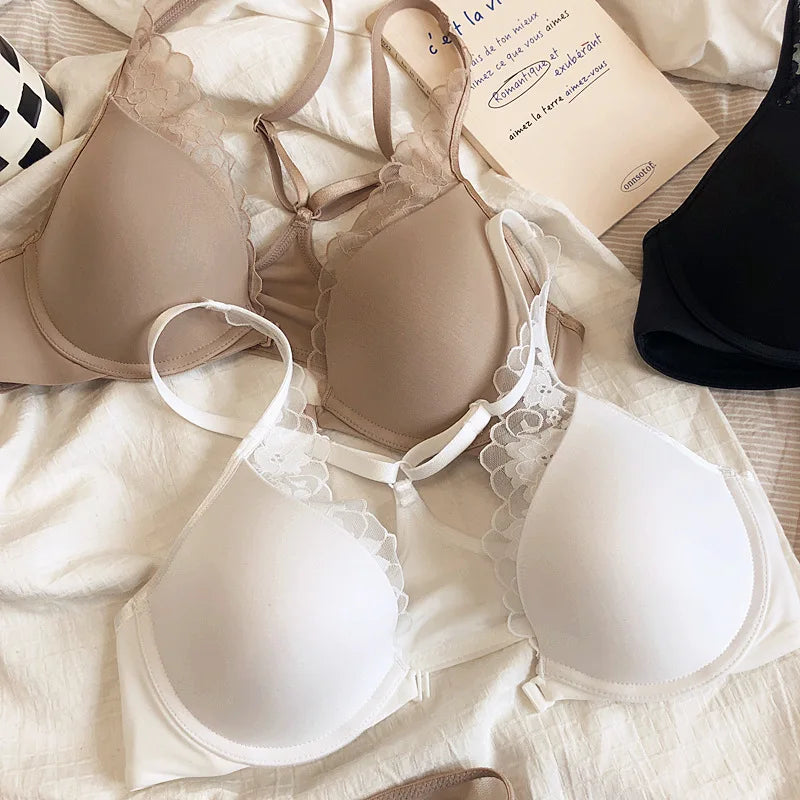 2 Pieces French Sexy Bralette Lace Flowers Women Front Closure Push Up Bra Set