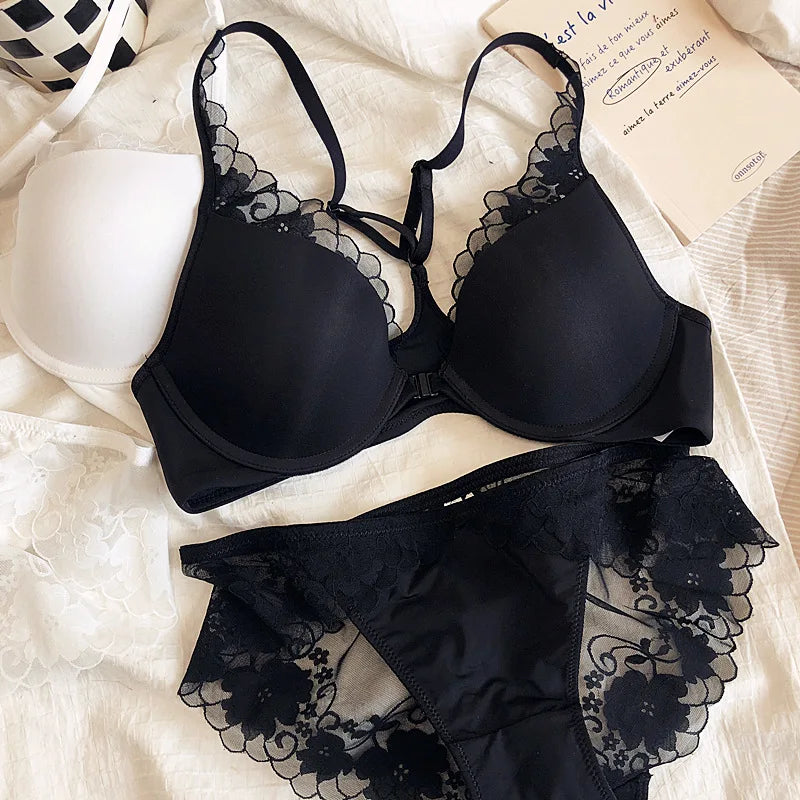 2 Pieces French Sexy Bralette Lace Flowers Women Front Closure Push Up Bra Set