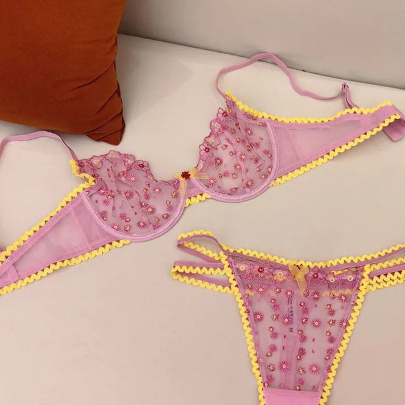 2 Pieces Sexy Hollow Lace Flowers Embroidery Underwear