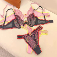 2 Pieces Sexy Hollow Lace Flowers Embroidery Underwear