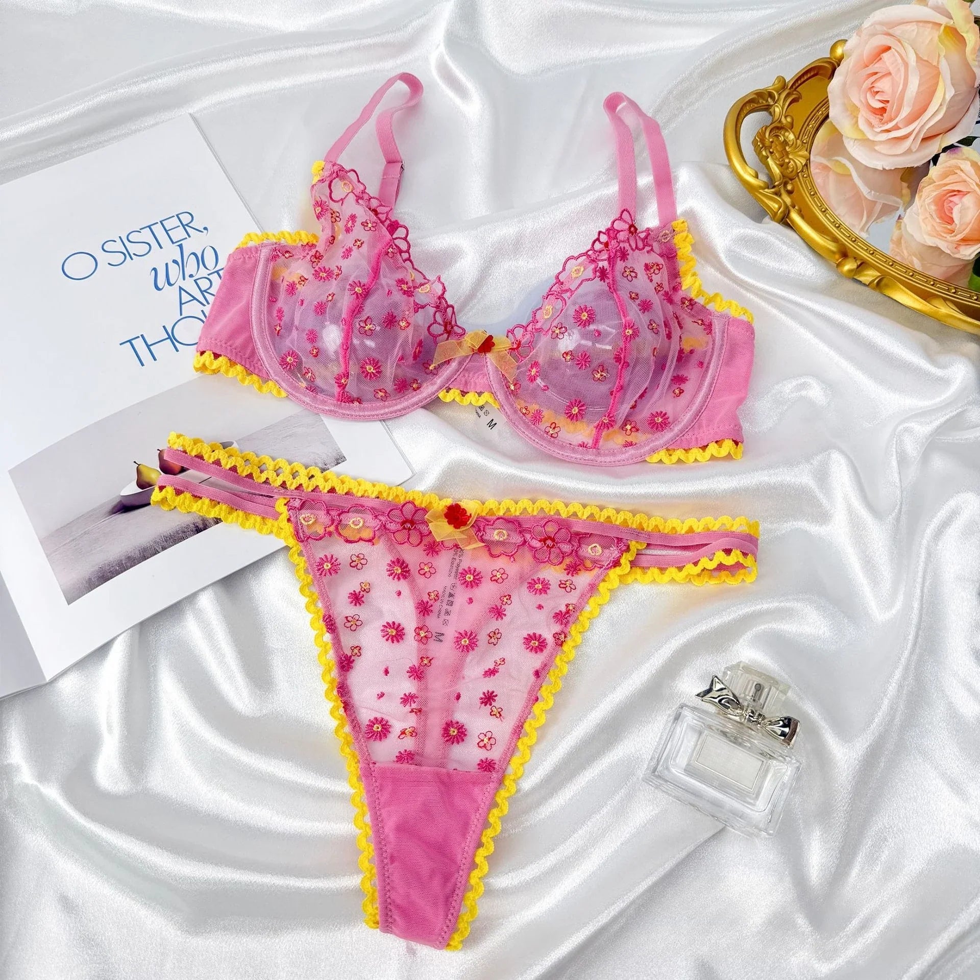 2 Pieces Sexy Hollow Lace Flowers Embroidery Underwear