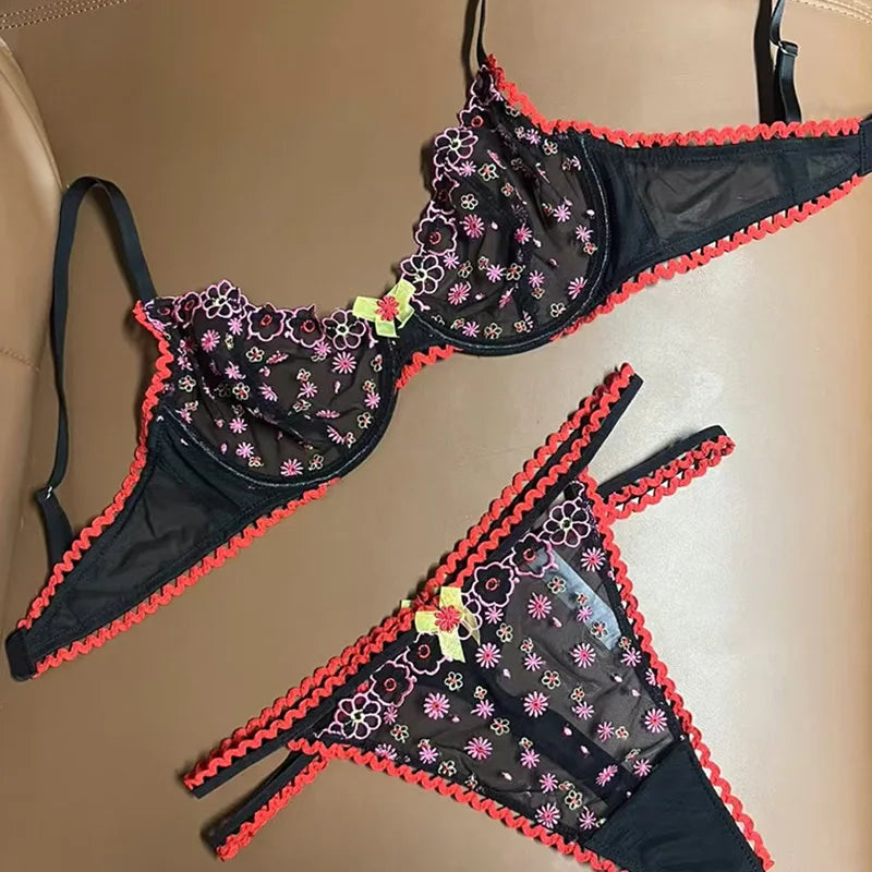 2 Pieces Sexy Hollow Lace Flowers Embroidery Underwear