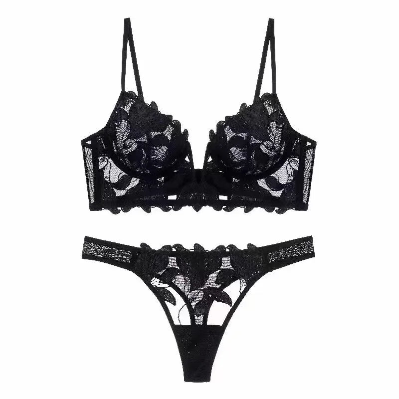 2 Pieces Sexy Lace Flowers Embroidery Bra Set