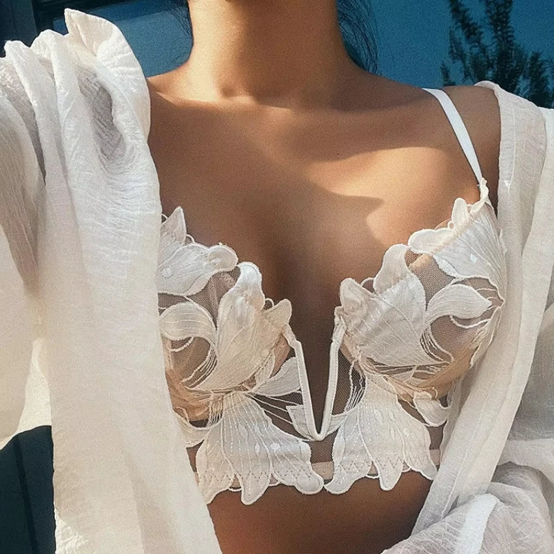 2 Pieces Sexy Lace Flowers Embroidery Bra Set