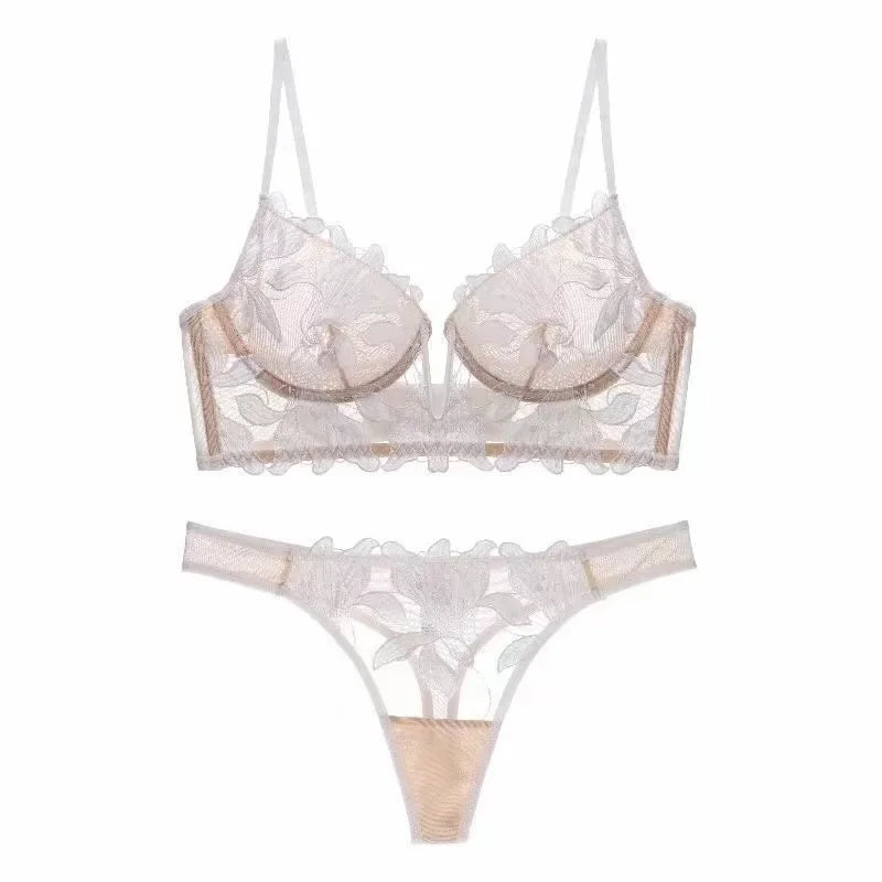 2 Pieces Sexy Lace Flowers Embroidery Bra Set