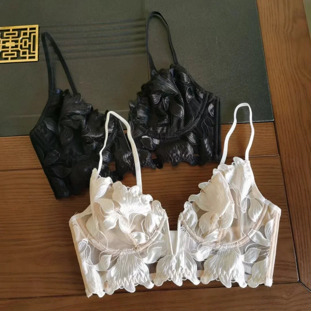 2 Pieces Sexy Lace Flowers Embroidery Bra Set