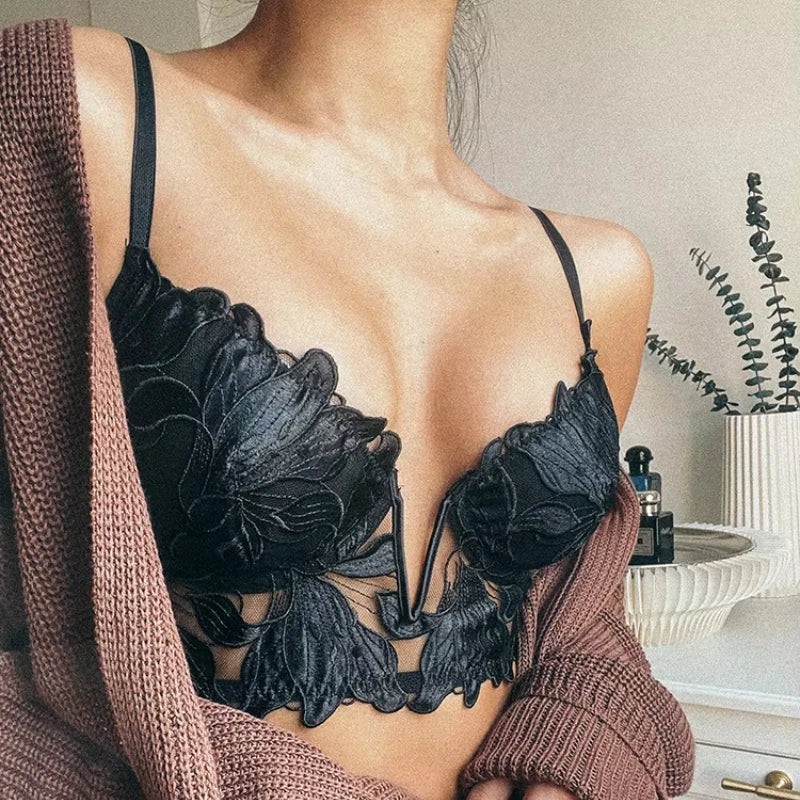 2 Pieces Sexy Lace Flowers Embroidery Bra Set