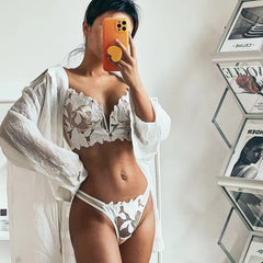 2 Pieces Sexy Lace Flowers Embroidery Bra Set