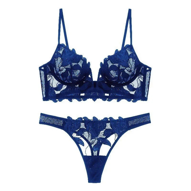 2 Pieces Sexy Lace Flowers Embroidery Bra and Thong Set
