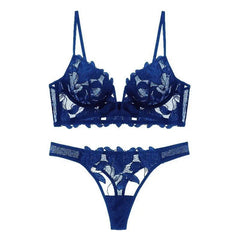 2 Pieces Sexy Lace Flowers Embroidery Bra and Thong Set