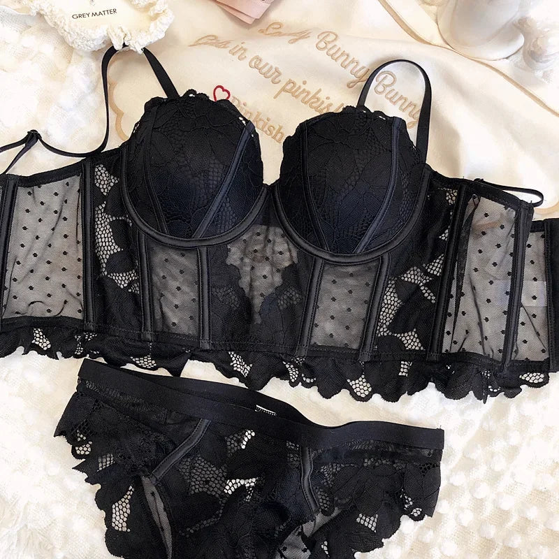 2 Pieces Sexy Lace Flowers Embroidery Underwear