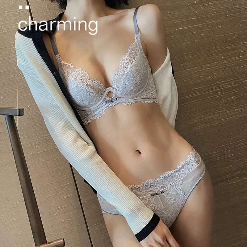 2 Pieces Thin Cup Bra Sexy Lace Hollow Underwear