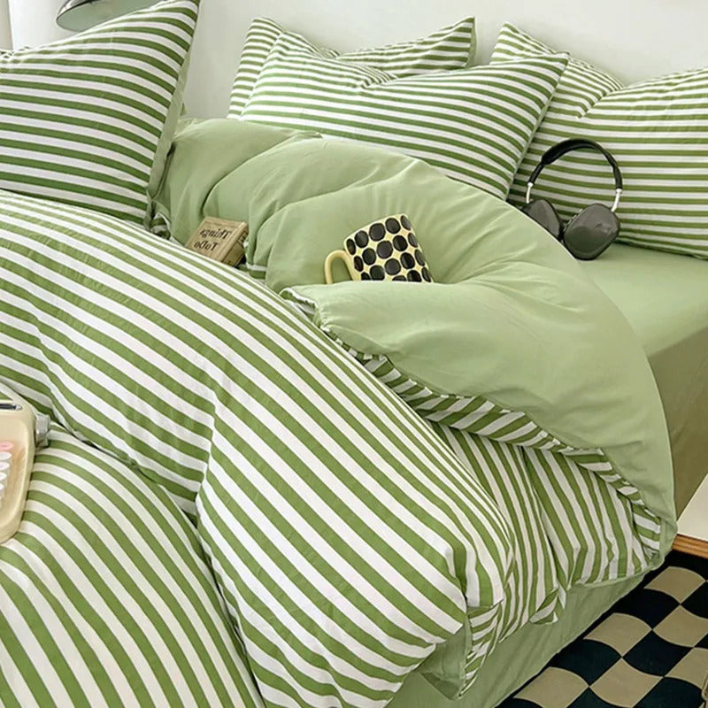 Green White Striped Bedding Set No Filler Ins Nordic Duvet Cover with Zipper Pillowcase Bed Sheet Double Queen Bed Linens