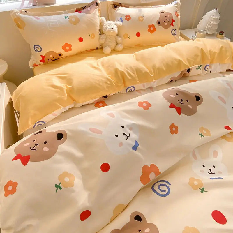 Cute Bear Duvet Cover Set with Zipper Pink Heart Bed Sheet Pillowcases No Filler Twin Queen Size Girls Boys Gift Bedding Set