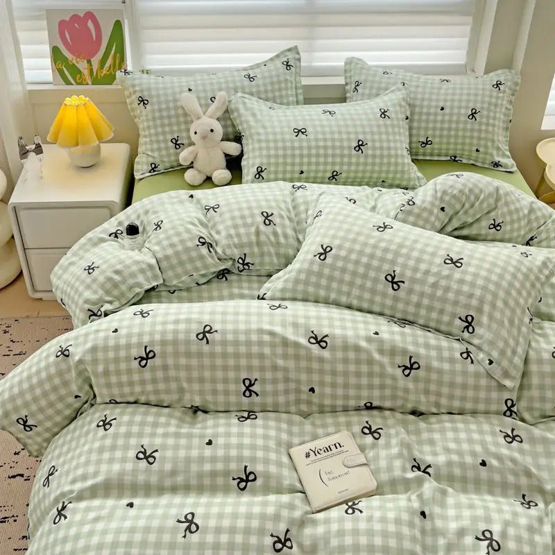 Green Nordic Bedding Set Ins Plaid Girls Boys Double Queen Size Duvet Cover Flat Sheet Pillowcase No Filler Bed Linens