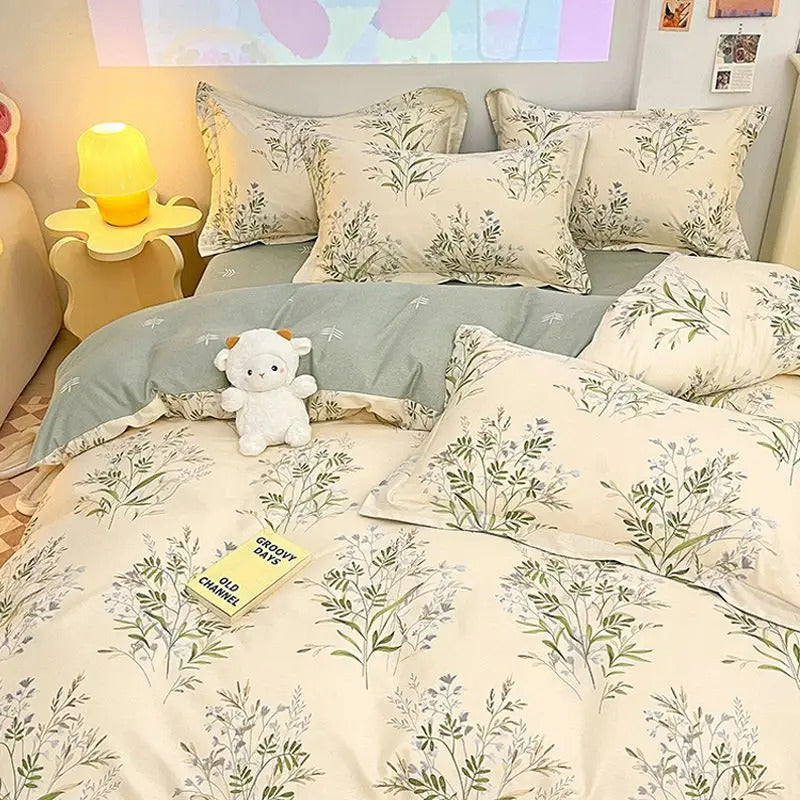Pink Flowers Duvet Cover Set Ins Single Queen Size Girls Boys Flat Sheet Pillowcase No Filler Home Decor Bedding Set