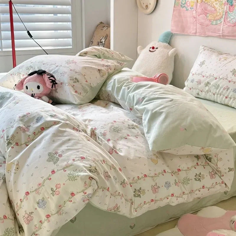 Pink Flowers Duvet Cover Set Ins Single Queen Size Girls Boys Flat Sheet Pillowcase No Filler Home Decor Bedding Set