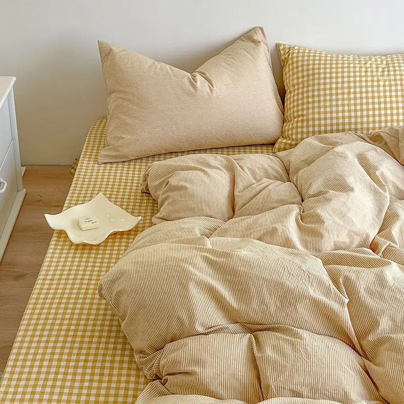 Green Nordic Bedding Set Ins Plaid Girls Boys Double Queen Size Duvet Cover Flat Sheet Pillowcase No Filler Bed Linens