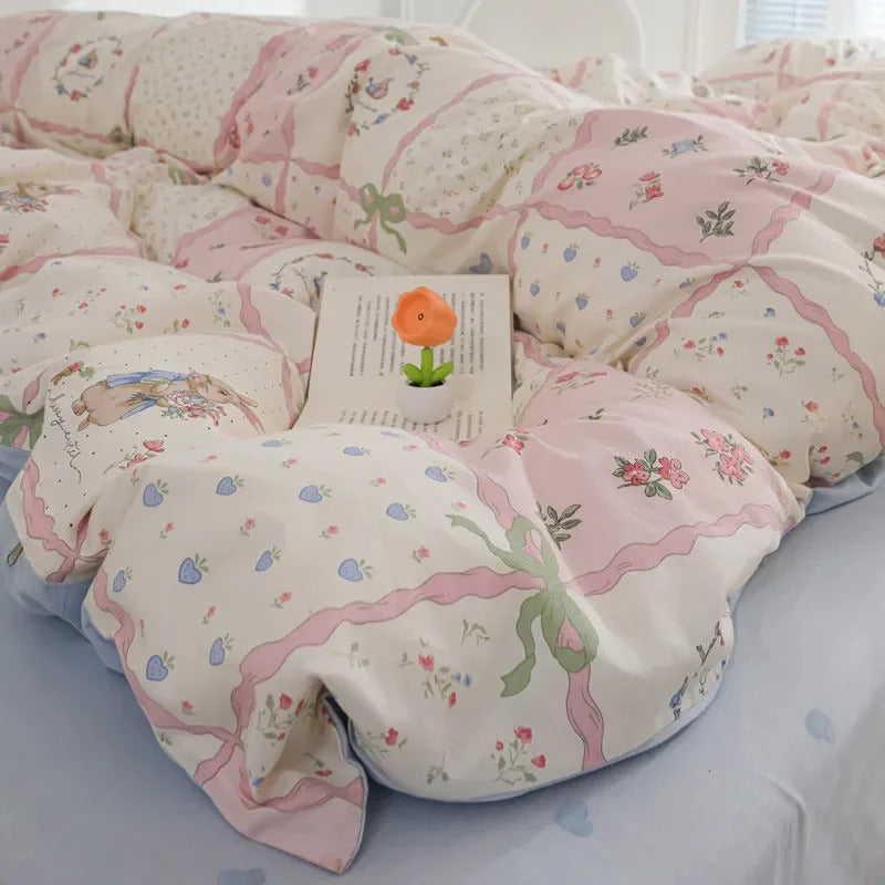 Pink Flowers Duvet Cover Set Ins Single Queen Size Girls Boys Flat Sheet Pillowcase No Filler Home Decor Bedding Set