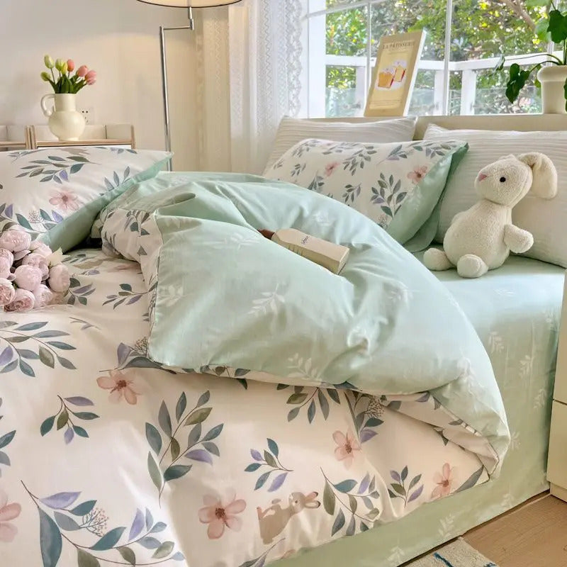 Green Floral Bedding Set Ins Twin Full Queen Size Duvet Cover No Filler Flat Sheet Pillowcase Girl Home Totel Bed Linens