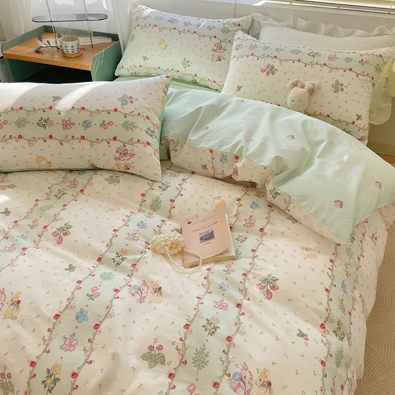 Green Floral Bedding Set Ins Twin Full Queen Size Duvet Cover No Filler Flat Sheet Pillowcase Girl Home Totel Bed Linens