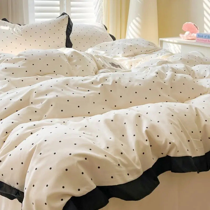 French-style Bedding Set Girl Ins Polka Dot Washed Cotton Student Dormitory Bed Sheet Duvet Quilt Cover Pillowcase Set