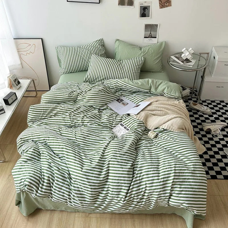 Green White Striped Bedding Set No Filler Ins Nordic Duvet Cover with Zipper Pillowcase Bed Sheet Double Queen Bed Linens