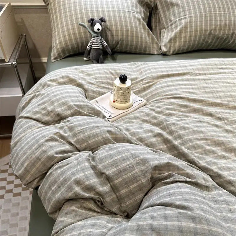 Green Nordic Bedding Set Ins Plaid Girls Boys Double Queen Size Duvet Cover Flat Sheet Pillowcase No Filler Bed Linens