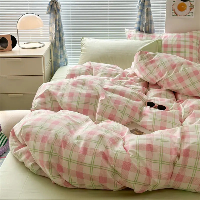 Pink Duvet Cover Set Classic Plaid Twin Queen Size Girls Boys Flat Sheet Pillowcase No Filler Soft Home Decor Bedding Set