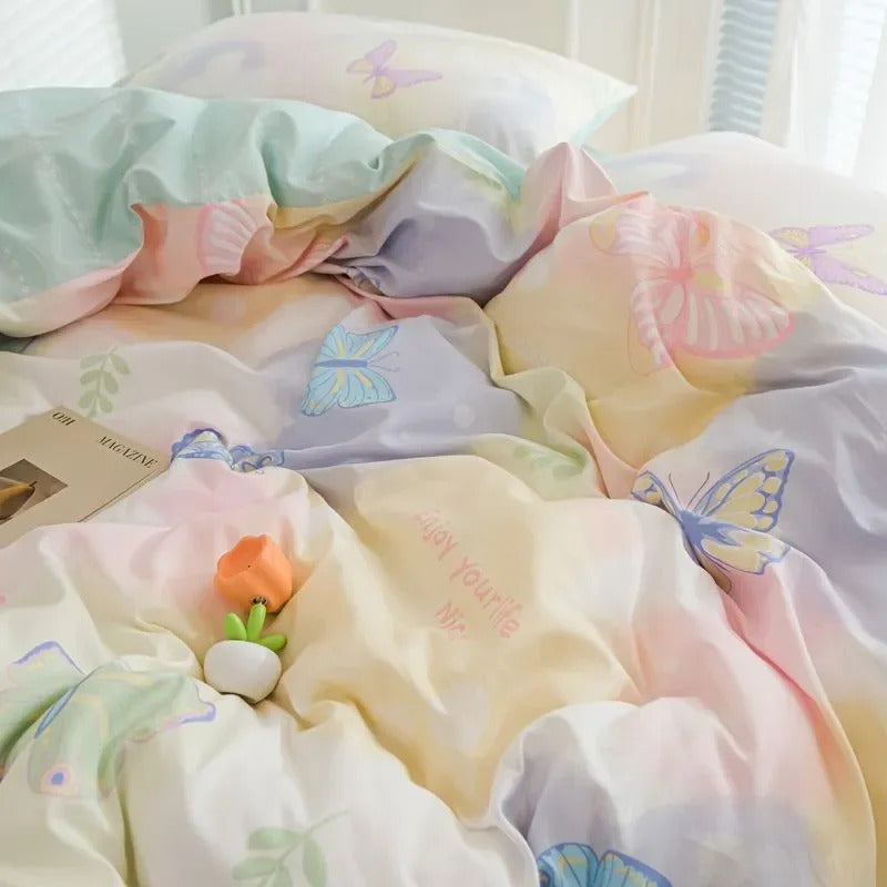 Pink Flowers Duvet Cover Set Ins Single Queen Size Girls Boys Flat Sheet Pillowcase No Filler Home Decor Bedding Set