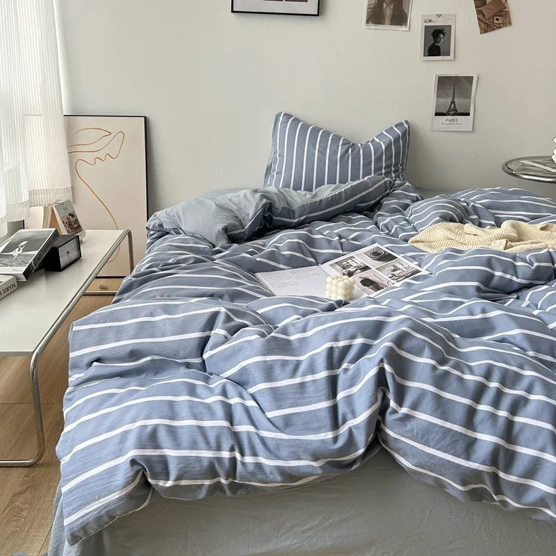 Green White Striped Bedding Set No Filler Ins Nordic Duvet Cover with Zipper Pillowcase Bed Sheet Double Queen Bed Linens