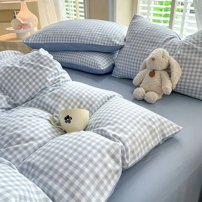 Green Nordic Bedding Set Ins Plaid Girls Boys Double Queen Size Duvet Cover Flat Sheet Pillowcase No Filler Bed Linens