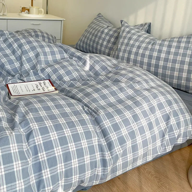 Green Nordic Bedding Set Ins Plaid Girls Boys Double Queen Size Duvet Cover Flat Sheet Pillowcase No Filler Bed Linens