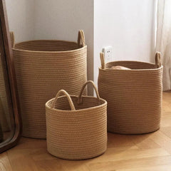 Solid White Storage Baskets Cotton Rope Home Organization Kids Toy Woven Laundry Hamper with Handles Sundries Organizer Basket