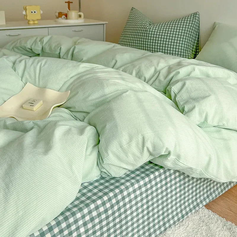 Green Nordic Bedding Set Ins Plaid Girls Boys Double Queen Size Duvet Cover Flat Sheet Pillowcase No Filler Bed Linens