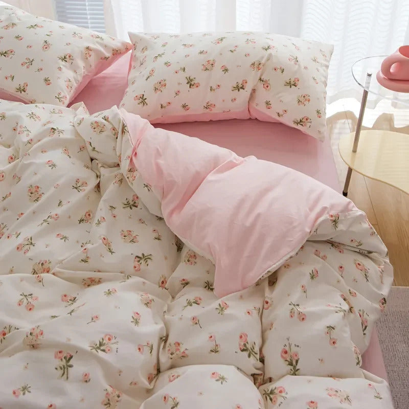 Pink Flowers Duvet Cover Set Ins Single Queen Size Girls Boys Flat Sheet Pillowcase No Filler Home Decor Bedding Set