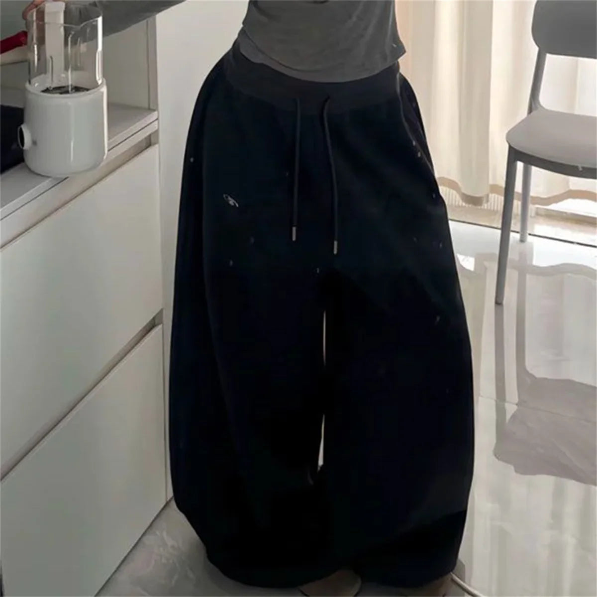 Oversize Grey Black Sweatpants Y2K Korean Streetwear Loose Casual Jogger Pants High Waist All Match Drawstring Trousers