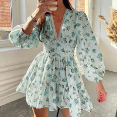 Floral Print Mini Dress High Waist A-Line Long Sleeve V Neck Dresses Vintage Beach Vacation Casual Vestidos