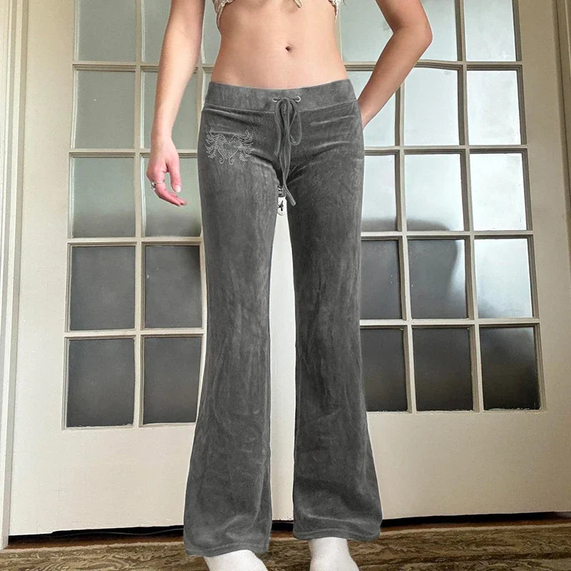 SHOPMOCHO--Rockmore Retro Rhinestone Flare Pants Velvet Drawstring Casual Trouser Streetwear Cute Bottoms Y2K 2000s Pants