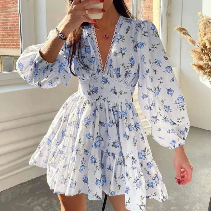 Floral Print Mini Dress High Waist A-Line Long Sleeve V Neck Dresses Vintage Beach Vacation Casual Vestidos