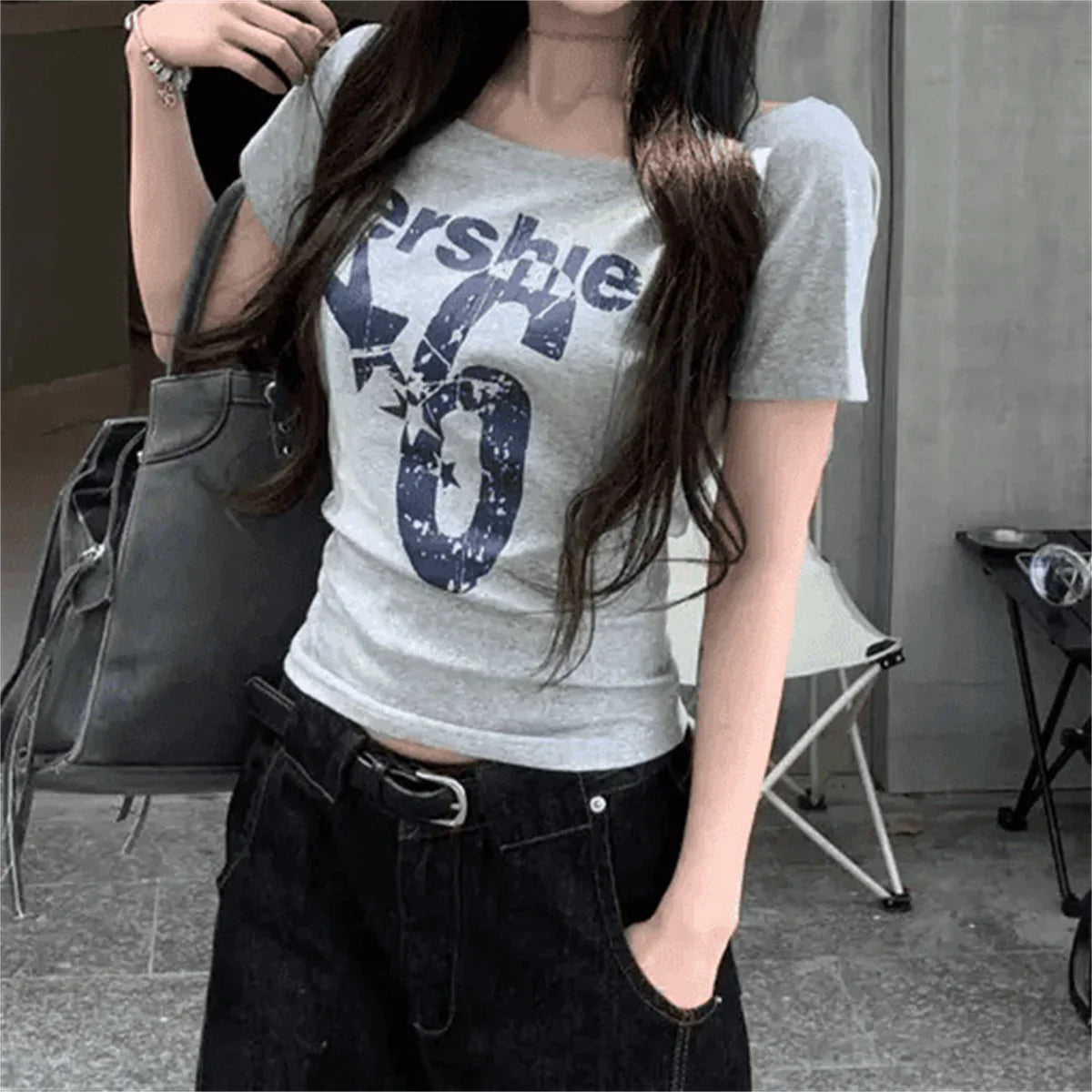 Y2k Sport Off shoulder Top Letter Vintage 2000s Short sleeve T shirt Lady Body Basic Crop Top Casual