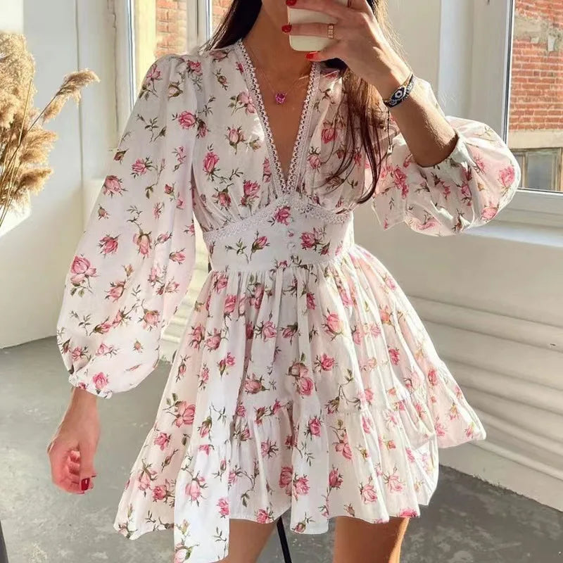 Floral Print Mini Dress High Waist A-Line Long Sleeve V Neck Dresses Vintage Beach Vacation Casual Vestidos