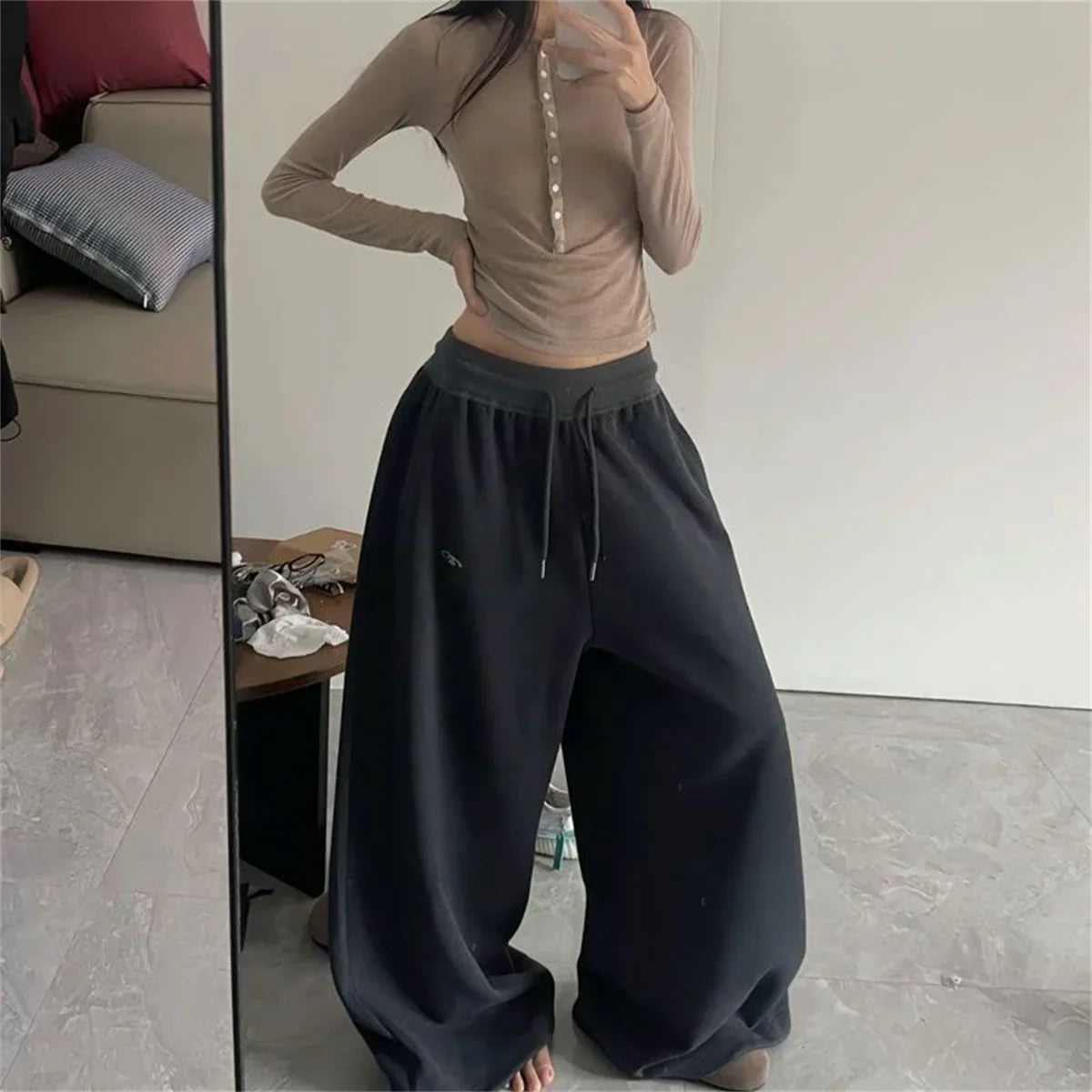 Oversize Grey Black Sweatpants Y2K Korean Streetwear Loose Casual Jogger Pants High Waist All Match Drawstring Trousers